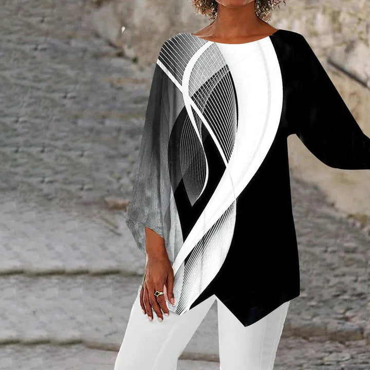 Tunique femme géométrique moderne à manches longues, élégante et décontractée, idéale pour un look chic au quotidien.
