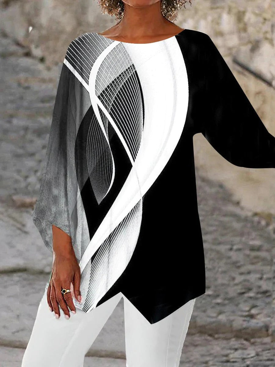 Haut femme à manches longues, motif géométrique noir et blanc, style moderne et élégant, parfait pour la mode féminine.