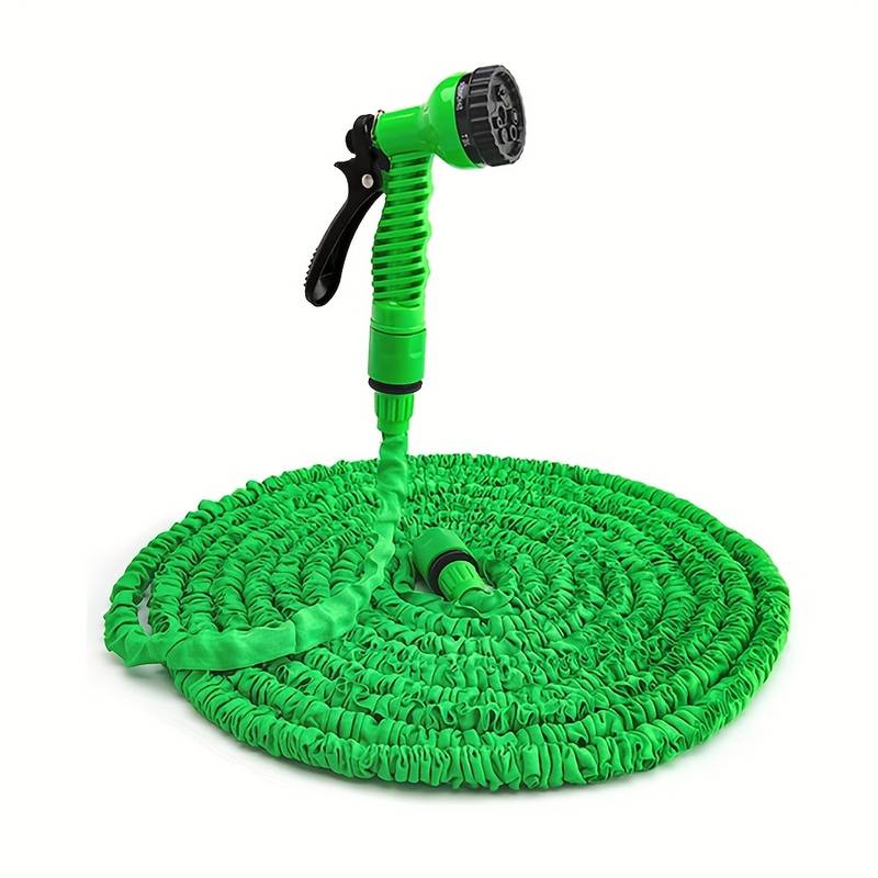 "Tuyau extensible vert avec buse à 7 fonctions pour arrosage, flexible, anti-enchevêtrement, idéal jardinage efficace."