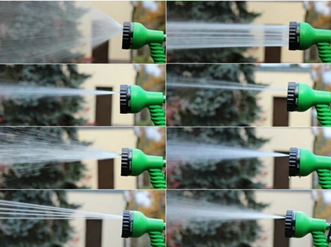 "Tuyau extensible vert avec buse à 7 fonctions pour arrosage, flexible, anti-enchevêtrement, idéal jardinage efficace."