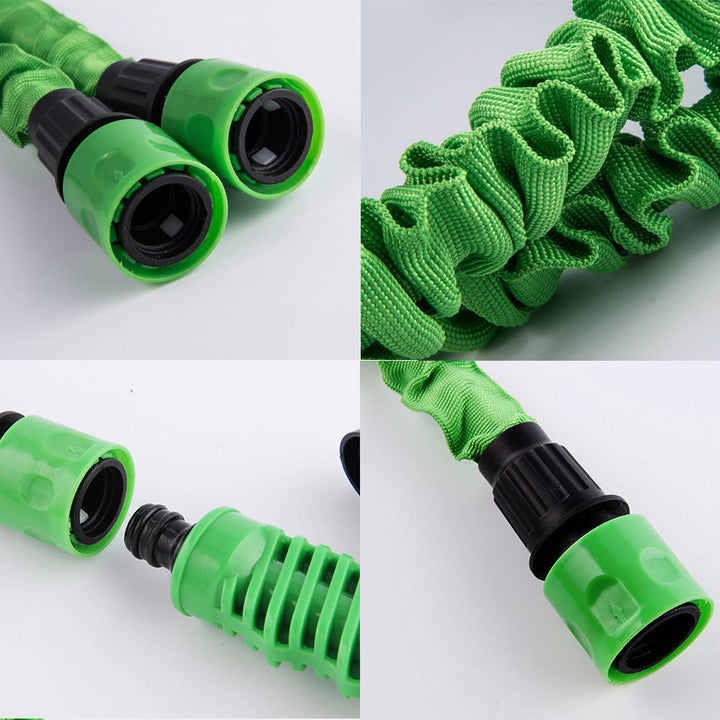 "Tuyau extensible vert avec buse à 7 fonctions pour arrosage, flexible, anti-enchevêtrement, idéal jardinage efficace."