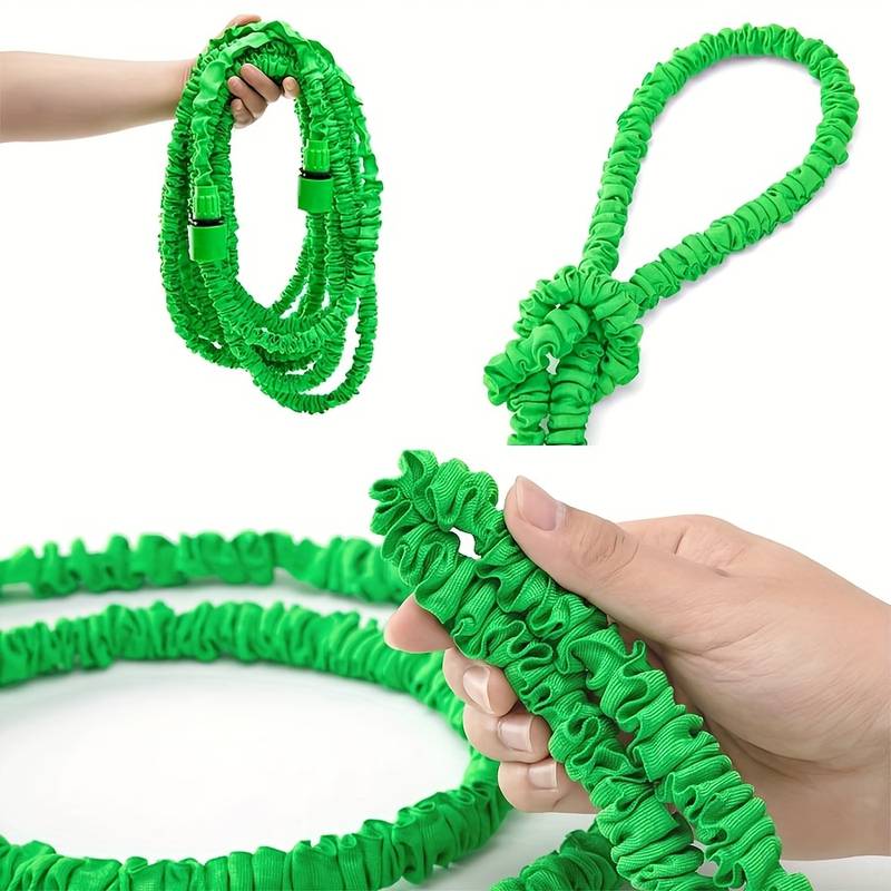"Tuyau extensible vert avec buse à 7 fonctions pour arrosage, flexible, anti-enchevêtrement, idéal jardinage efficace."