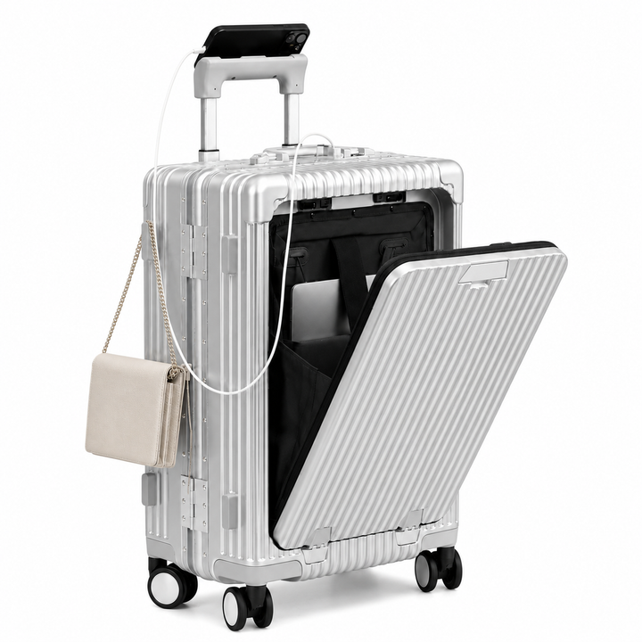 Valise cabine aluminium rigide, résistante, idéale pour voyages fréquents en avion.