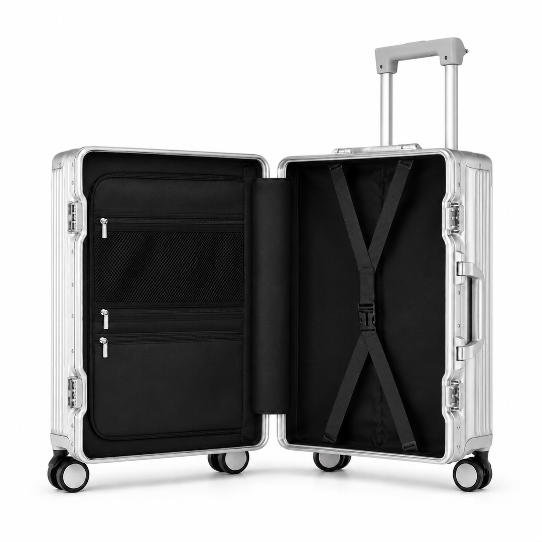 Valise cabine professionnelle en aluminium, rigide et sécurisée, pour voyages d'affaires fréquents.