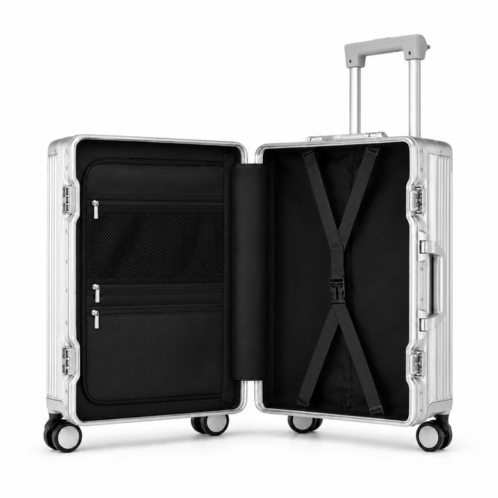 Valise cabine professionnelle en aluminium, rigide et sécurisée, pour voyages d'affaires fréquents.