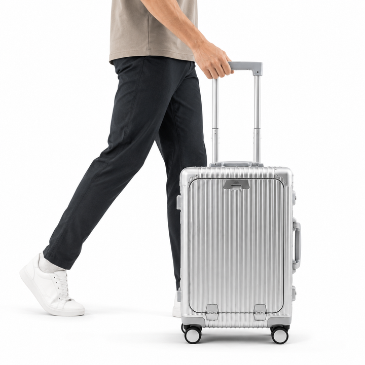 Valise cabine aluminium légère avec port USB, roues multidirectionnelles pour confort de voyage.