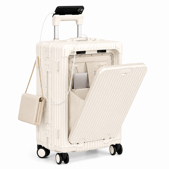 Valise cabine rigide aluminium durable, idéale pour voyages fréquents. Résistante et stylée.