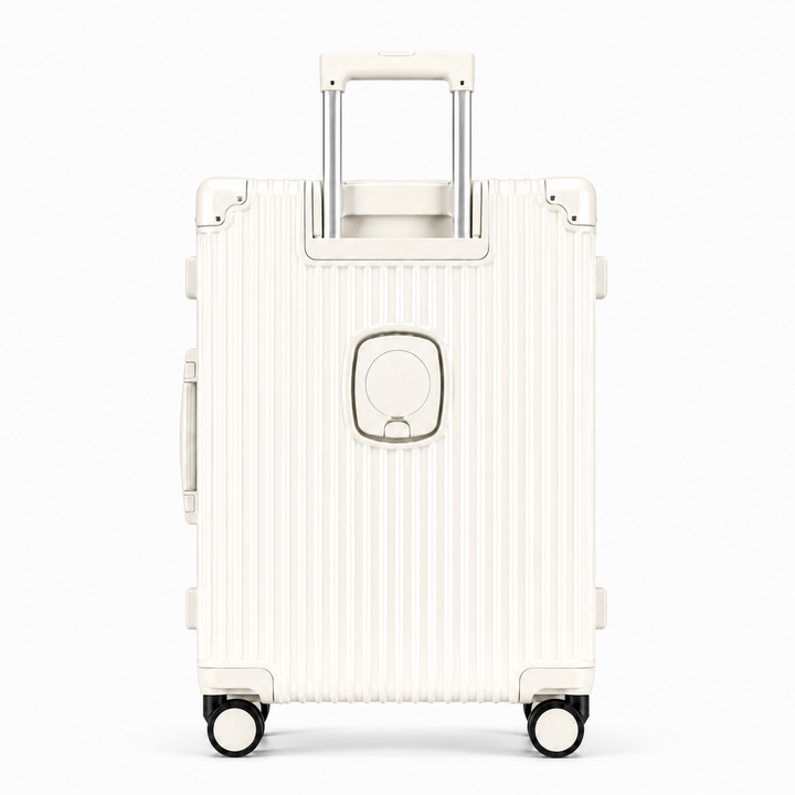 Valise cabine aluminium argentée, 4 roues 360°, maniabilité aisée. Design élégant et durable.