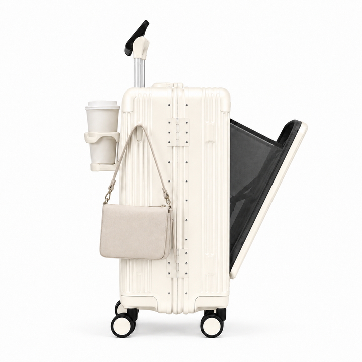 Valise rigide aluminium noire, avec port USB intégré. Recharger facilement vos appareils en déplacement.
