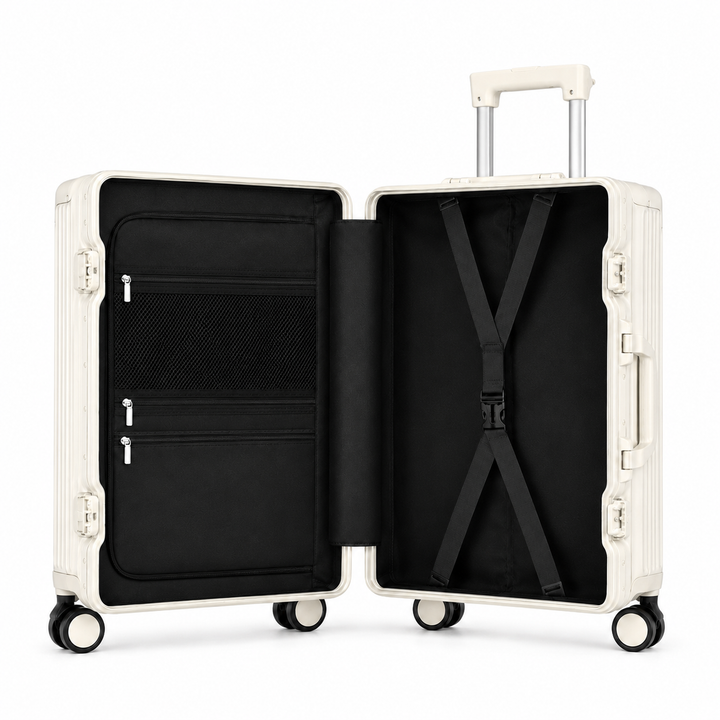 Valise cabine aluminium blanche, légère et robuste. Parfaite pour un voyage élégant et sans souci.