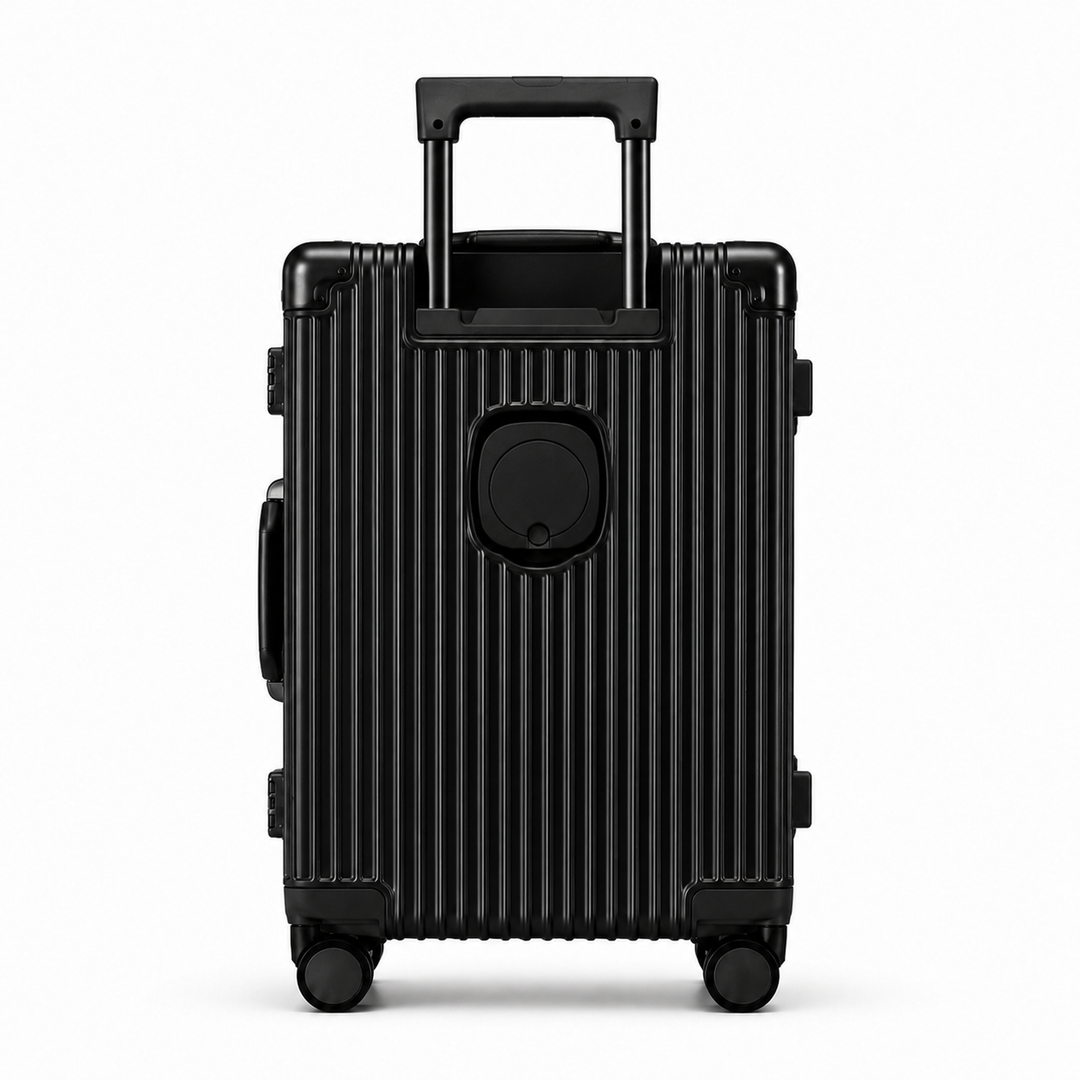 Valise cabine aluminium durable, conforme aux normes aériennes. Maniabilité 360° pour un voyage fluide.