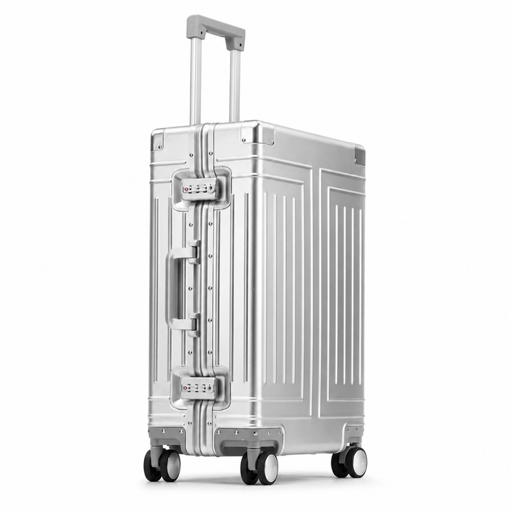 Valise cabine rigide en aluminium argenté, avec roulettes, idéale pour voyage d'affaires et séjour élégant.