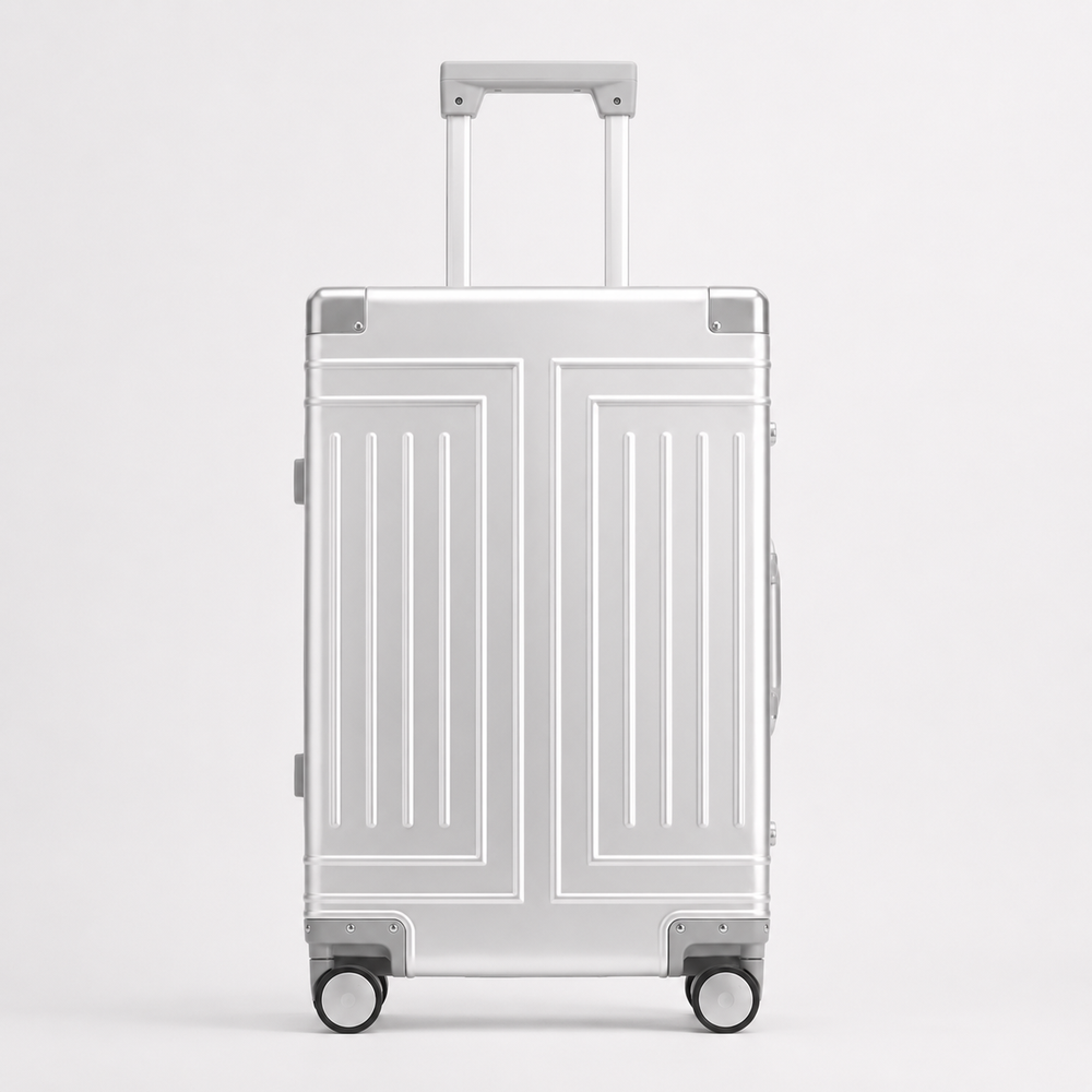 Valise cabine rigide en aluminium brossé, un bagage de voyage élégant et ultra résistant.