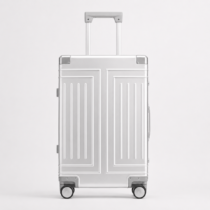 Valise cabine rigide en aluminium brossé, un bagage de voyage élégant et ultra résistant.
