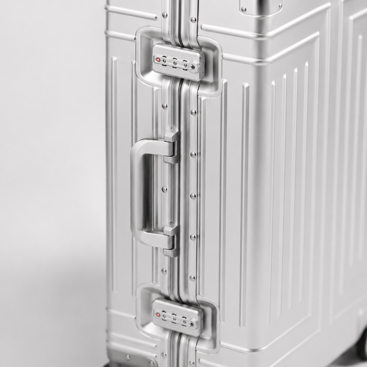 Intérieur de valise cabine aluminium, compartiments organisés pour affaires et bagages de voyage.