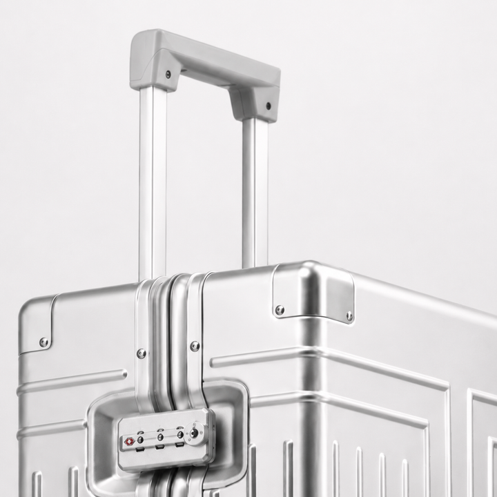 Valise cabine rigide en aluminium vue de face, design moderne et sécurisé pour vos déplacements professionnels.