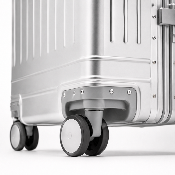 Valise cabine rigide en aluminium sur fond uni, un bagage de voyage chic et durable pour toutes vos aventures.