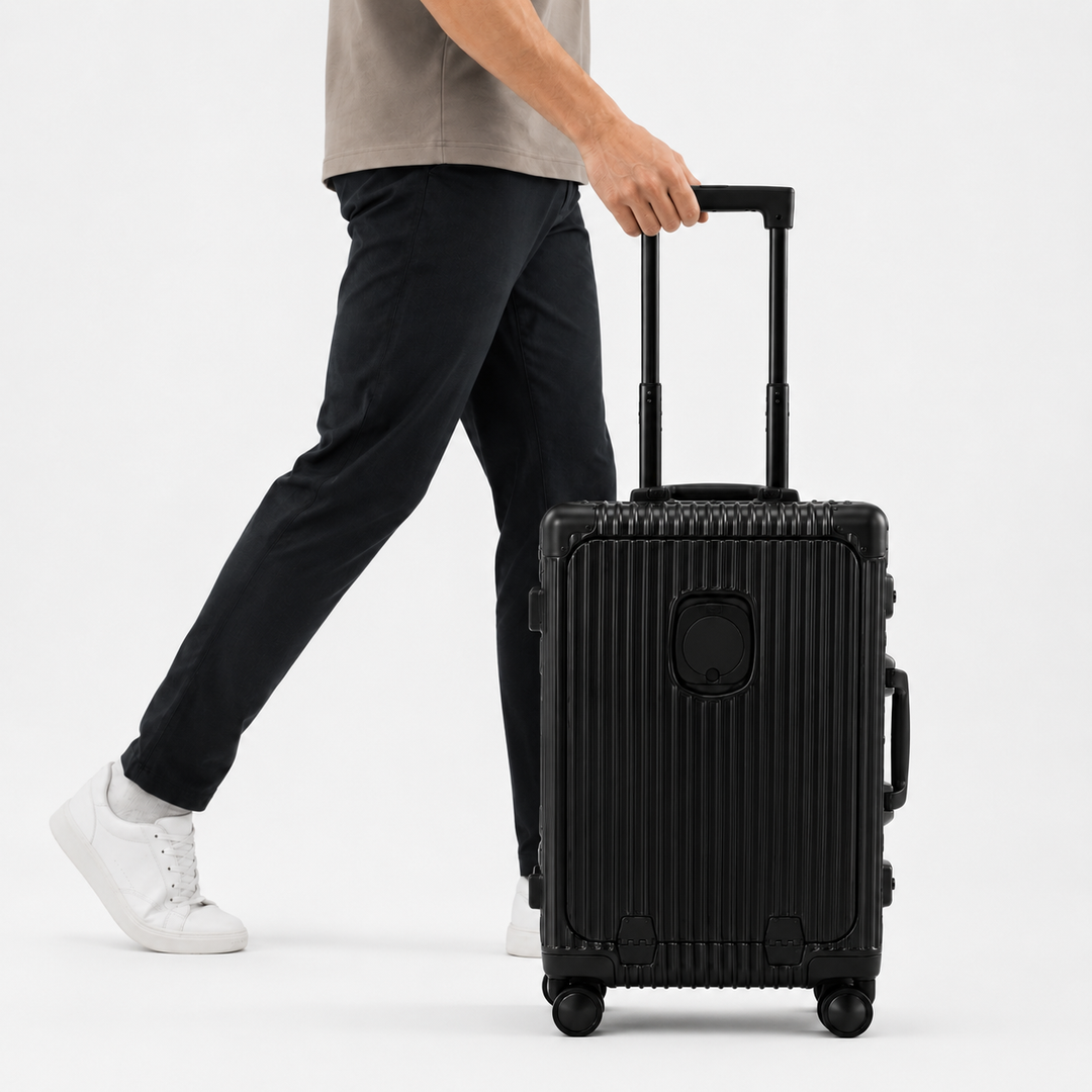 Valise cabine élégante en aluminium et polycarbonate, bagage à main léger et rigide pour un voyage stylé.