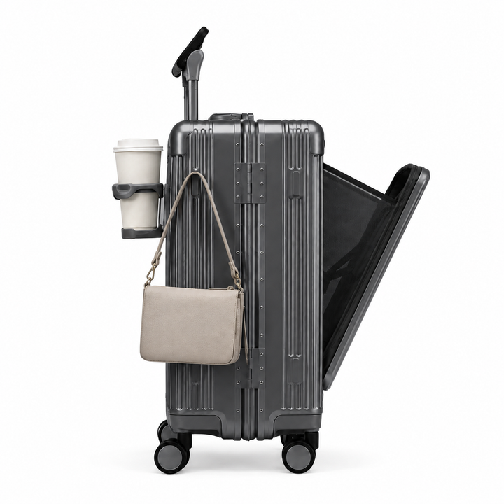 Élégante valise cabine VORHA Orsay en aluminium brossé, un bagage à main résistant pour voyage stylé.