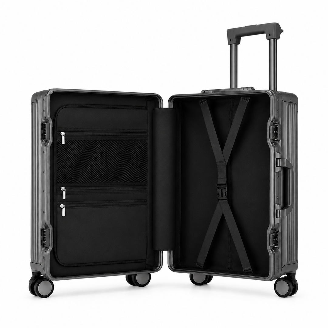 Valise cabine rigide VORHA Orsay aluminium avec 4 roues doubles multidirectionnelles pour une maniabilité optimale.