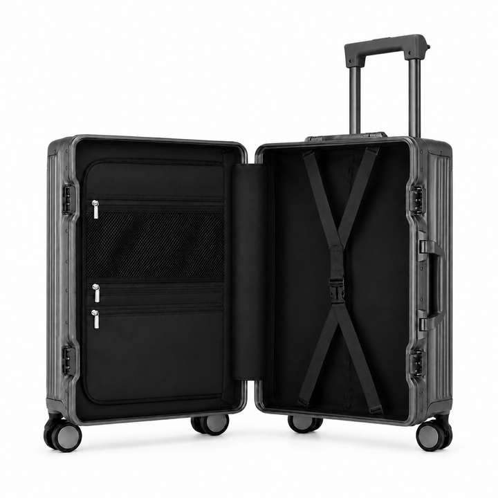 Valise cabine rigide VORHA Orsay aluminium avec 4 roues doubles multidirectionnelles pour une maniabilité optimale.