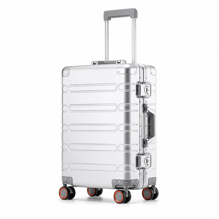 Valise de voyage rigide VORHA Vauban en aluminium pour des trajets professionnels ou des vacances durables.