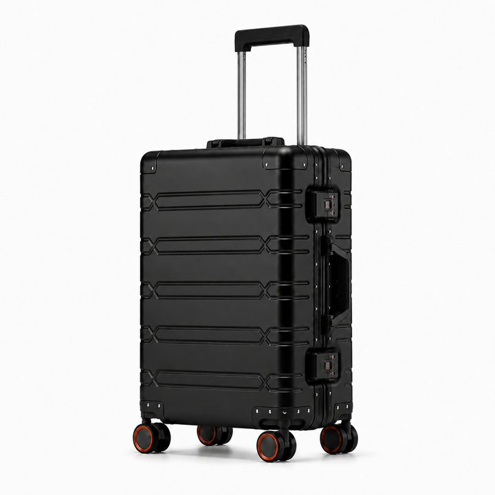 Élégante valise de voyage VORHA Vauban en aluminium rigide, offrant sécurité et robustesse.