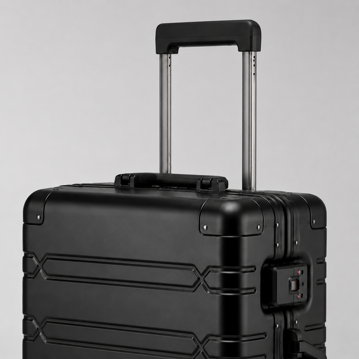 Valise cabine rigide en aluminium, idéale pour les vols, légère et très résistante. Facile à manœuvrer.