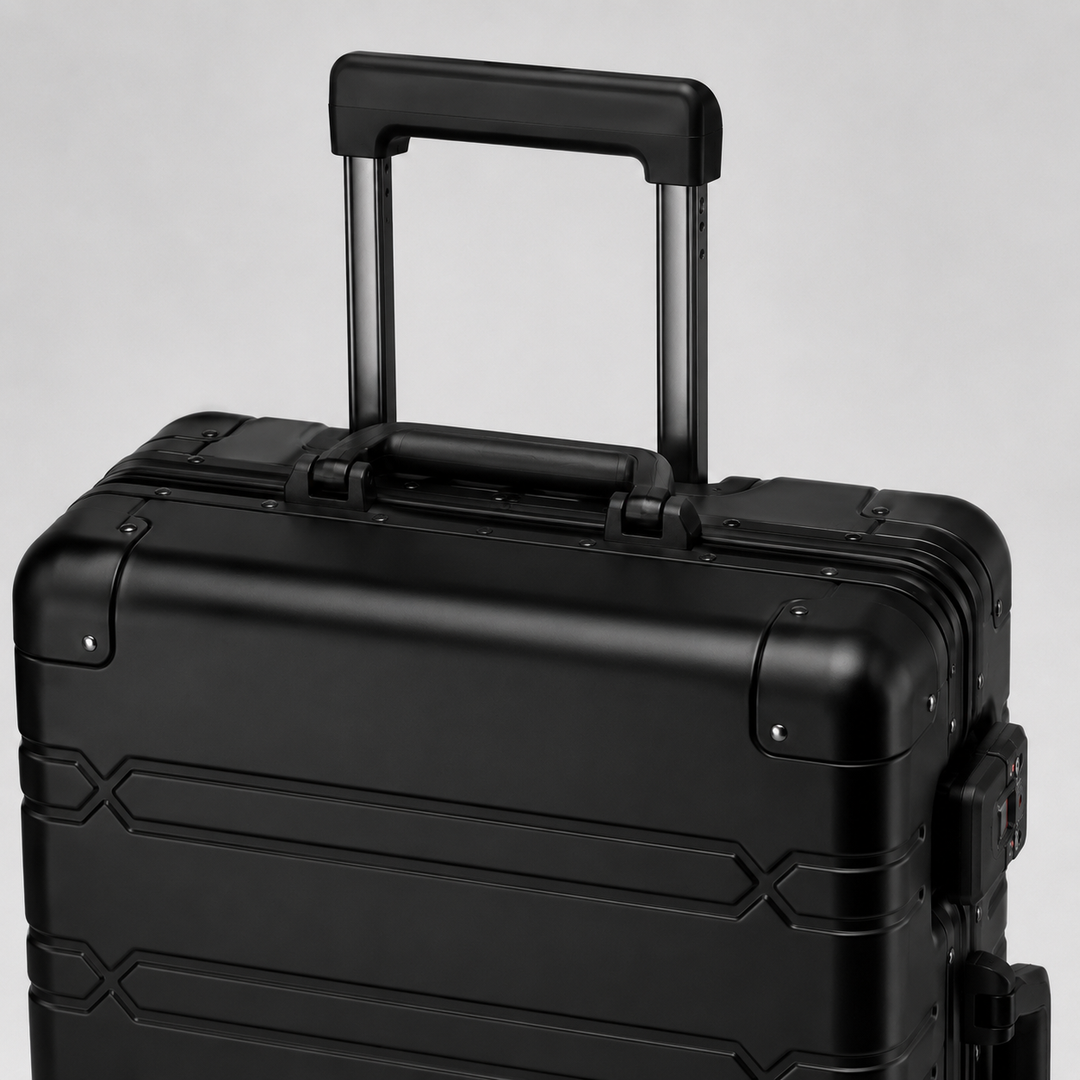 Trolley rigide en aluminium avec poignée télescopique. Bagage de voyage durable et sécurisé.