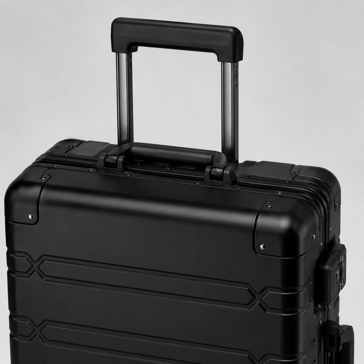 Trolley rigide en aluminium avec poignée télescopique. Bagage de voyage durable et sécurisé.