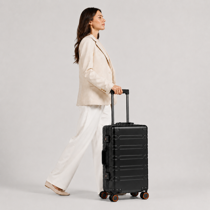 Valise Pro en aluminium brossé, rigide et sécurisée. Idéale pour les déplacements d'affaires avec style.