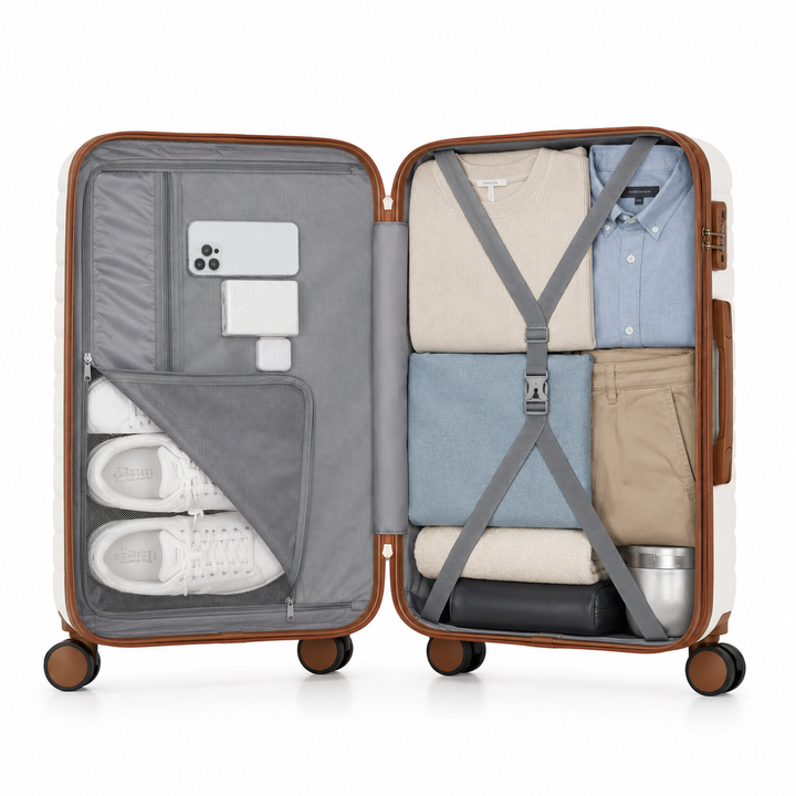 Valise de voyage rigide en polycarbonate, légère, avec roulettes et sécurité TSA intégrée.