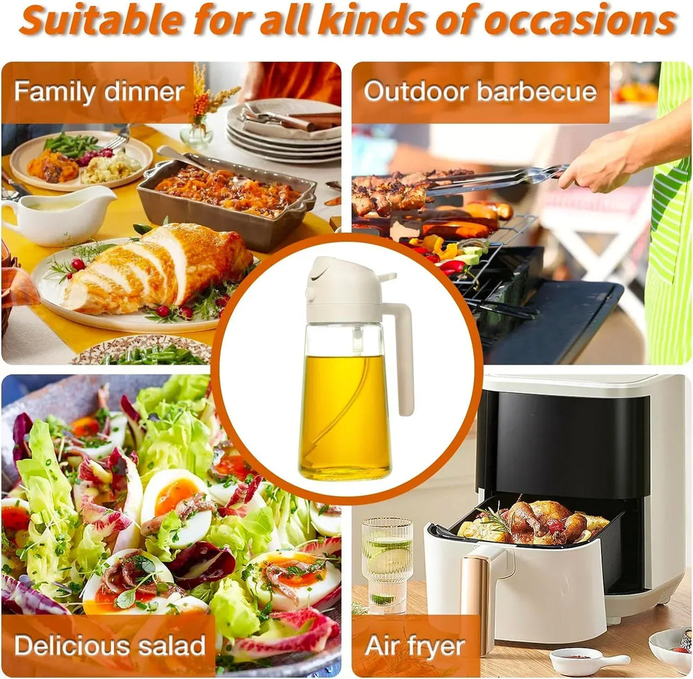 Vaporisateur d'huile 2 en 1 en verre, fonction spray et versement, idéal cuisine précise et économique, design élégant.