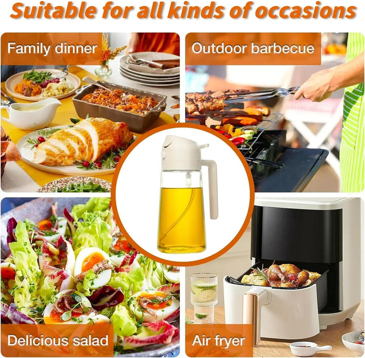 Vaporisateur d'huile 2 en 1 en verre, fonction spray et versement, idéal cuisine précise et économique, design élégant.