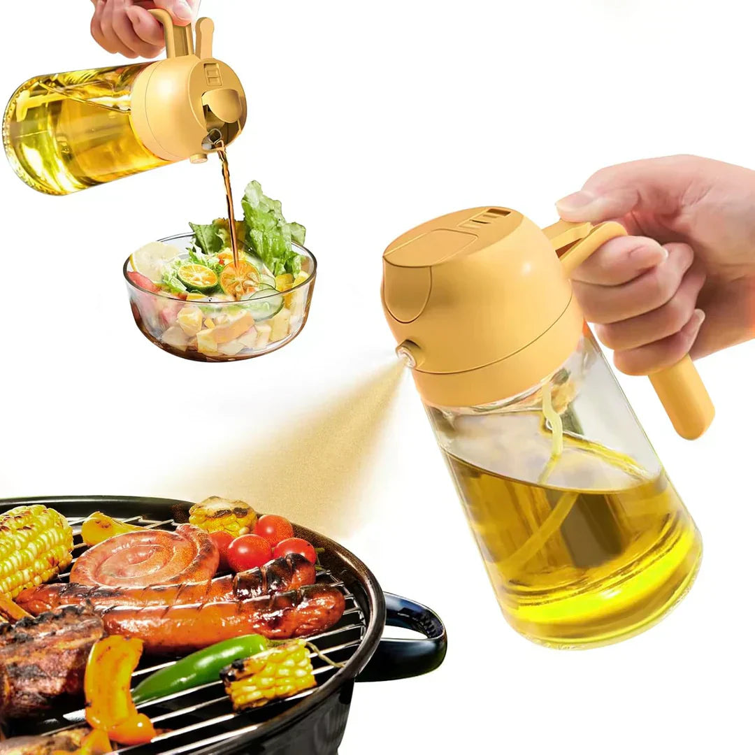 Vaporisateur d'huile 2 en 1 en verre, fonction spray et versement, idéal cuisine précise et économique, design élégant.