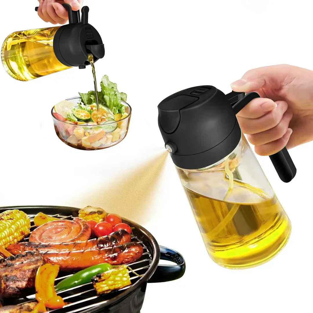 Vaporisateur d'huile 2 en 1 en verre, fonction spray et versement, idéal cuisine précise et économique, design élégant.