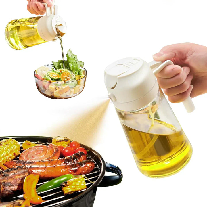 Vaporisateur d'huile 2 en 1 en verre, fonction spray et versement, idéal cuisine précise et économique, design élégant.