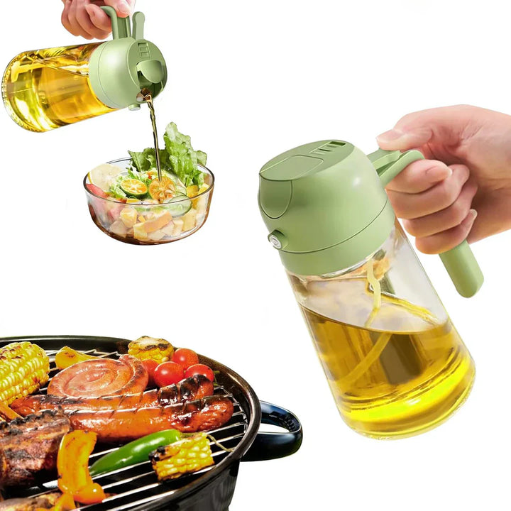 Vaporisateur d'huile 2 en 1 en verre, fonction spray et versement, idéal cuisine précise et économique, design élégant.