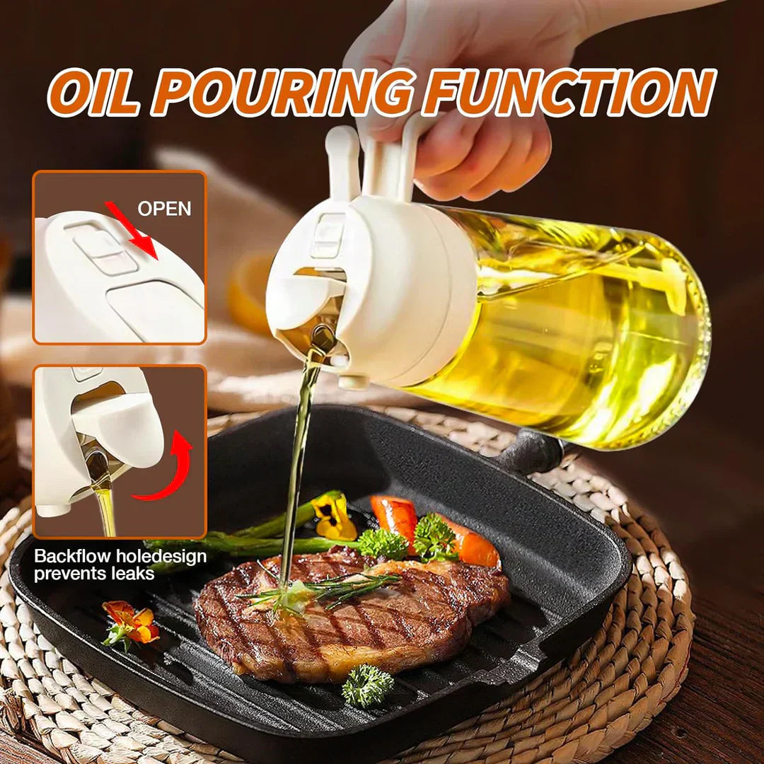 Vaporisateur d'huile 2 en 1 en verre, fonction spray et versement, idéal cuisine précise et économique, design élégant.