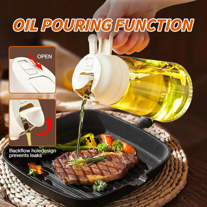Vaporisateur d'huile 2 en 1 en verre, fonction spray et versement, idéal cuisine précise et économique, design élégant.