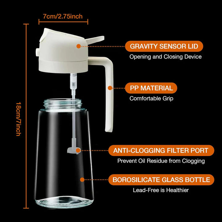 Vaporisateur d'huile 2 en 1 en verre, fonction spray et versement, idéal cuisine précise et économique, design élégant.