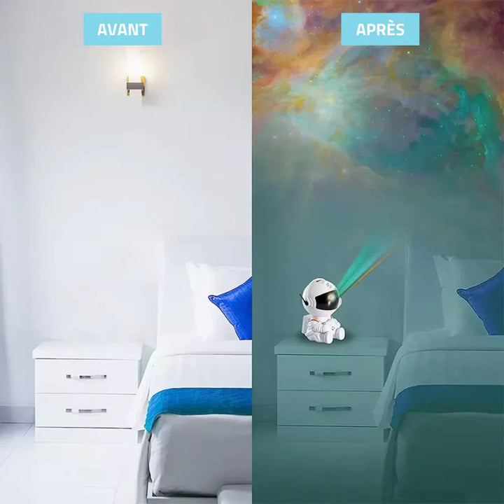 "Veilleuse astronaute en forme de casque projetant des étoiles, idéale pour enfants, stimule l'imaginaire avec lumière apaisa