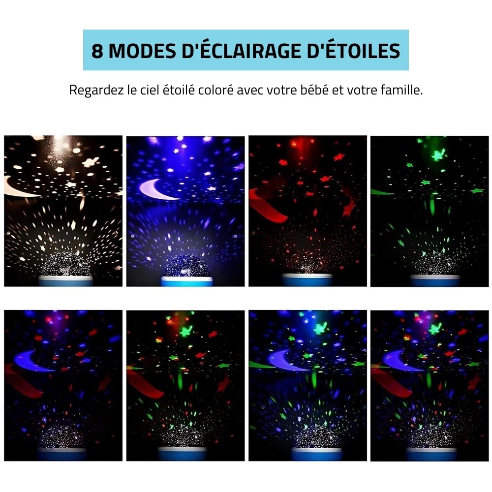 "Veilleuse bébé projection plafond étoilée, ambiance apaisante, disponible en bleu, mauve, noir et rose pour chambre enfant."