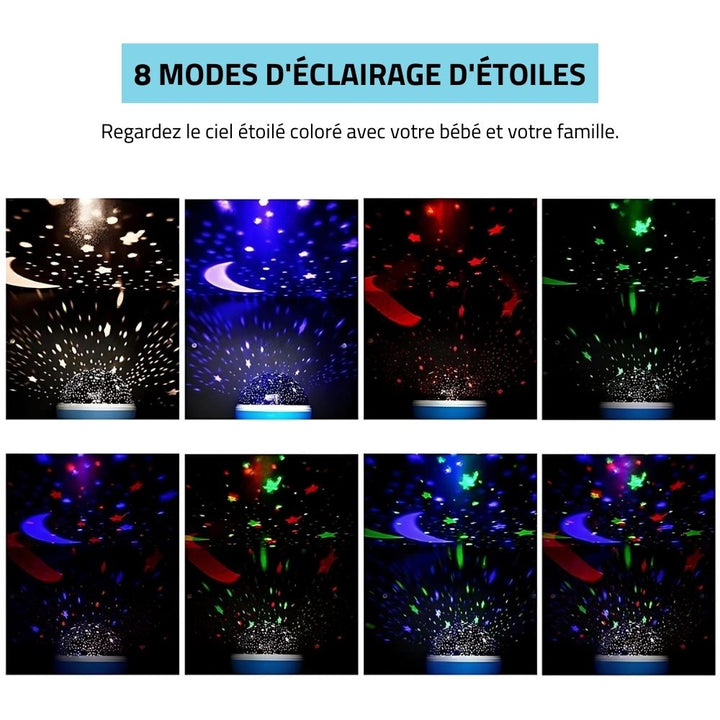 "Veilleuse bébé projection plafond étoilée, ambiance apaisante, disponible en bleu, mauve, noir et rose pour chambre enfant."