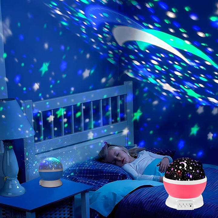 "Veilleuse bébé projection plafond étoilée, ambiance apaisante, disponible en bleu, mauve, noir et rose pour chambre enfant."
