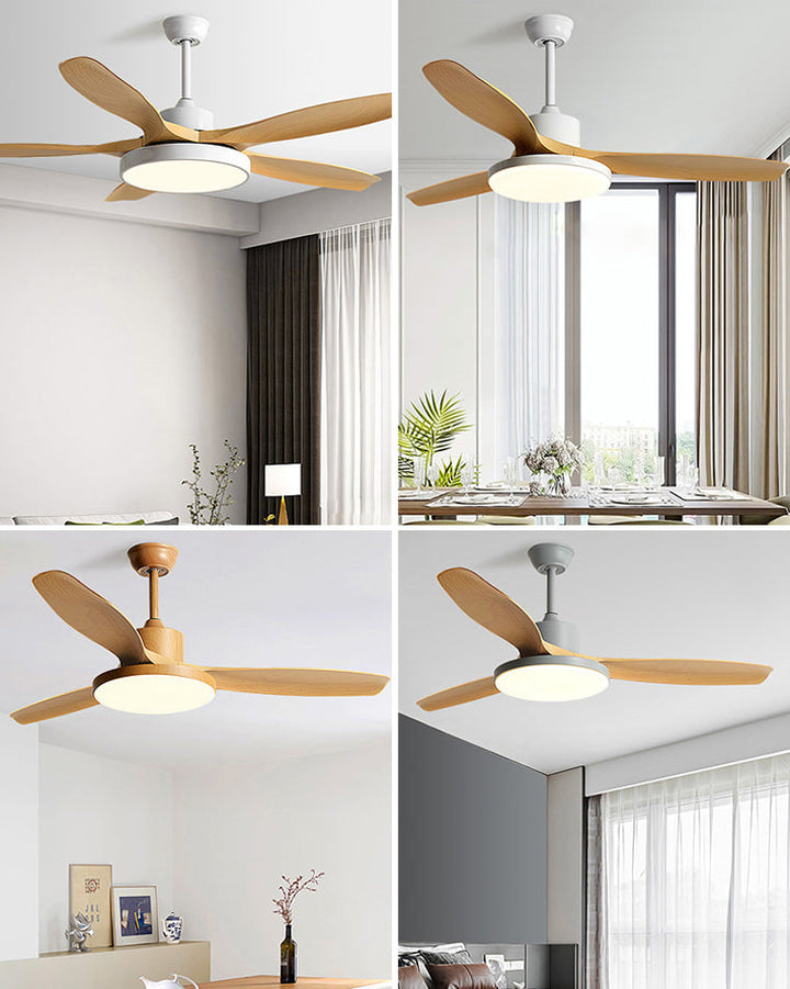 Ventilateur plafond réversible avec éclairage LED intégré. Design moderne et épuré.