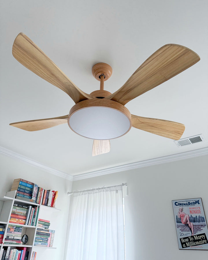 Ventilateur plafond réversible avec éclairage LED intégré. Design moderne et épuré.