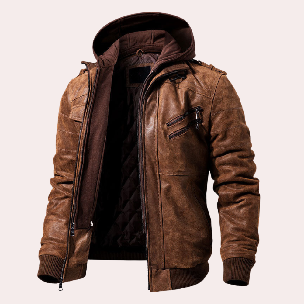 "Veste à capuche en cuir pour homme, marron, finition élégante, moderne et fonctionnelle pour l'automne et hiver."