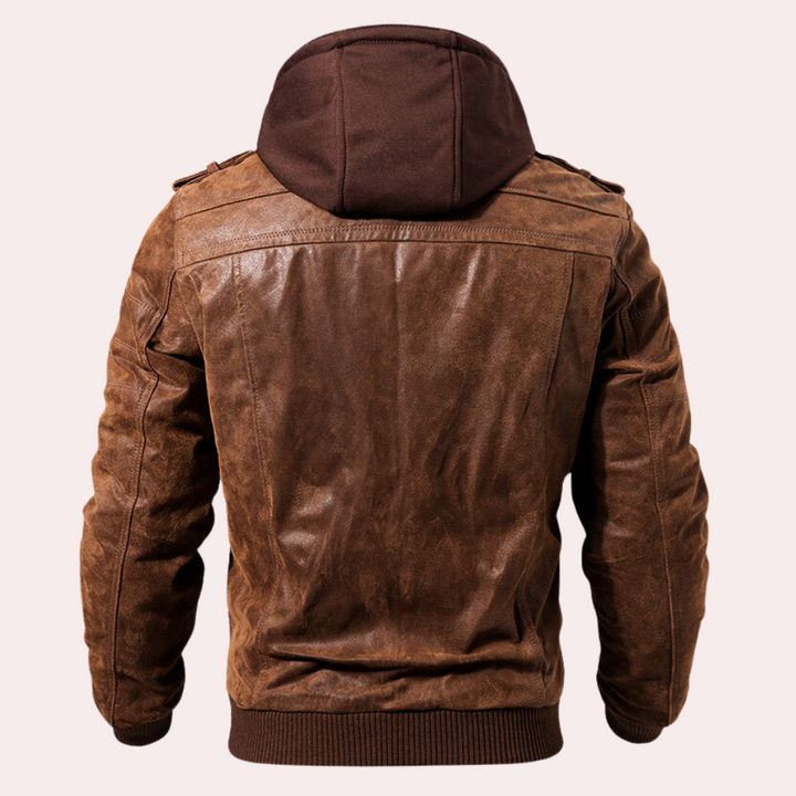 "Veste à capuche en cuir pour homme, marron, finition élégante, moderne et fonctionnelle pour l'automne et hiver."