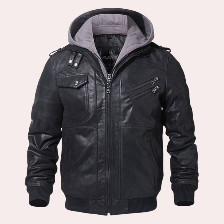 "Veste à capuche en cuir pour homme, marron, finition élégante, moderne et fonctionnelle pour l'automne et hiver."